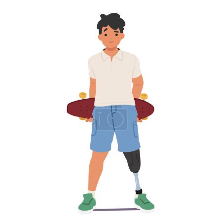 Illustration for Young Boy With A Prosthetic Leg Confidently Holds A Skateboard, Wearing Casual Summer Clothing And A Friendly Expression, Epitomizing Courage And Active Lifestyle In Youth Adaptive Sports, Vector - Royalty Free Image