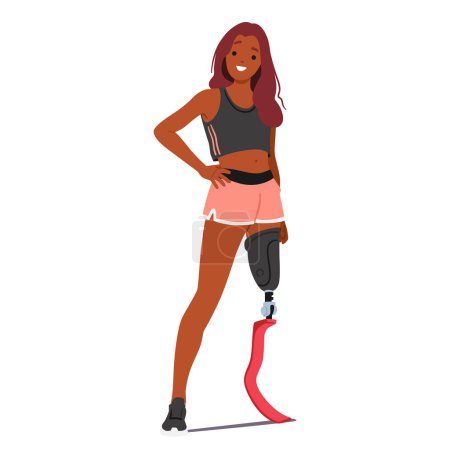 Confident Invalid Young Athlete Girl Character With A Running Blade, Sporting Fitness Attire, Ready For Track, Exuding Strength And Positivity, Inspiring Active Lifestyle In Adaptive Sports. Vector