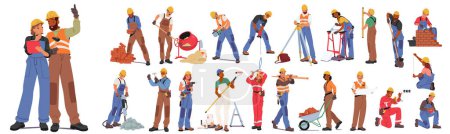 Illustration for Diverse Group Of Builders Engaged In Construction Activities, Planning, Bricklaying, Painting, And Using Various Tools, Highlighting Teamwork And Skill In Building Trade. Cartoon Vector Illustration - Royalty Free Image