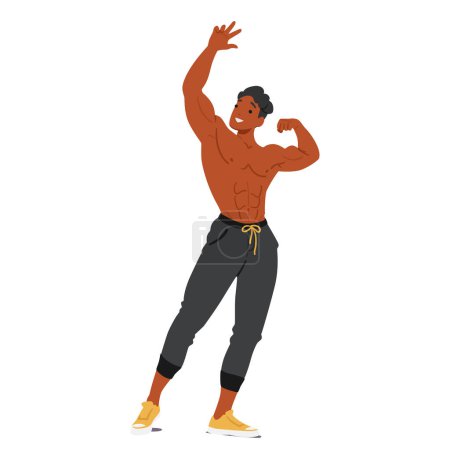 Ilustración de Sin camisa culturista atleta personaje exhibición esculpido físico, sorprendentes posturas que resaltan definición muscular, simetría, y estética, mostrando Dedicación Deporte. Ilustración de vectores de dibujos animados - Imagen libre de derechos