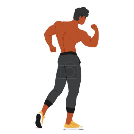 Muskulöser Bodybuilder männlichen Charakters von hinten, beugt seinen Bizeps vor, zeigt Stärke und Fitness in lässiger Sportbekleidung und Sportschuhen. Hemdloser Mann zeigt seine muskulösen Arme, Vektor