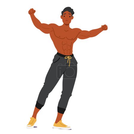 Ilustración de Culturista de confianza en una fuerte postura, mostrando una construcción muscular bien definida, en atuendo atlético, exudando poder y dedicación a la aptitud. Musculoso, hombre negro sin camisa flexionando sus brazos, vector - Imagen libre de derechos