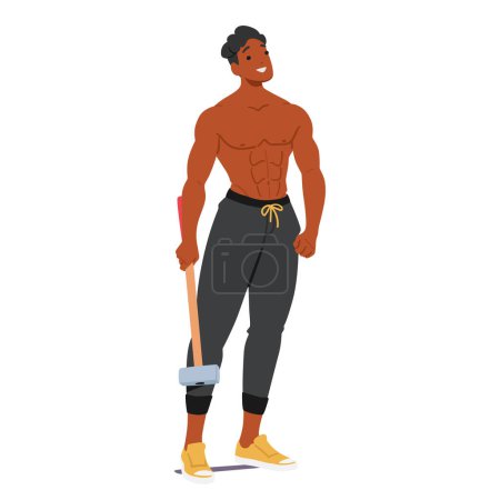 Der lächelnde Bodybuilder-Charakter hält einen Vorschlaghammer in der Hand und strahlt mit seinen modellierten Abs und muskulösen Armen Zuversicht aus, bereit für ein intensives Training. Hemdloser Mann mit Hammer, zeigt seine Muskeln, Vektor