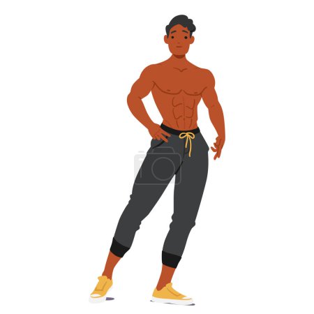 Mann Bodybuilder mit muskulösem Körperbau und definierten Abs, trägt schwarze Sporthose und gelbe Turnschuhe. Charakter hat selbstbewusste Haltung mit glücklichem Gesicht und Geste. Cartoon People Vektor Illustration