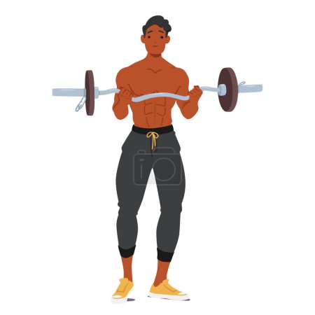 Mann Gewichtheber hebt eine Langhantel mit einer freien Gewichtsstange und zeigt seine muskulöse Figur. Hemdloser männlicher Charakter, der schwarze Sporthosen trägt, zeigt Gleichgewicht, wenn die Langhantel auf Brustniveau angehoben wird