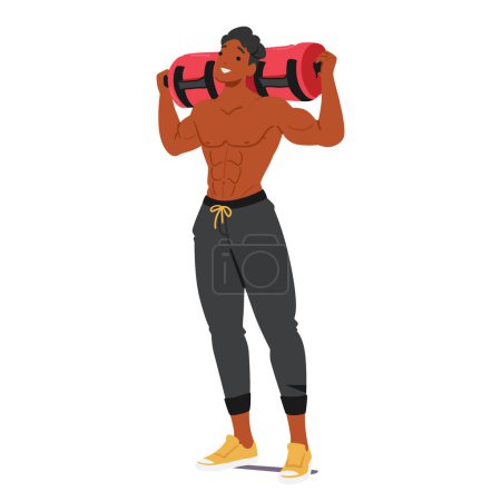 Bodybuilder With A Bright Smile Lifts A Weighted Bag Overhead, Showcasing His Well-defined Arms And Torso, Embodying Strength And Positive Energy In His Training Session. Cartoon Vector Illustration