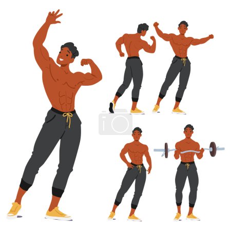Muskulöser, hemdsloser schwarzer Mann beugt selbstbewusst seine Arme und trainiert mit dem Gewicht, was seine Physis zur Geltung bringt. Cartoon Set Fröhlicher Bodybuilder-Charakter, der Jogginghosen und Turnschuhe trägt, die Stärke zeigen