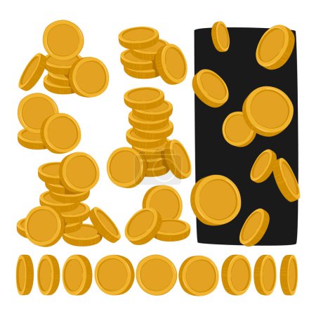 Illustration for Golden Coins Piles, Falling or Spinning Animation Sprite, Cartoon Vector Set. Yellow Money Units Gleam With Opulence, Symbol Of Wealth And Power, Prosperity And Fortune, Finance Growth and Success - Royalty Free Image