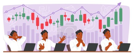 Illustration for Cryptocurrency Stock Trader Characters Experience A Rollercoaster Of Emotions, Ranging From Euphoria During Bull Markets To Fear And Anxiety During Downturns. Cartoon People Vector Illustration - Royalty Free Image