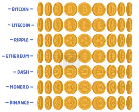 Illustration for Cryptocurrencies Coins Cartoon Vector Set. Bitcoin, Litecoin, Ripple And Etherium. Dash, Monero Digital Or Binance Virtual Currencies Rotating or Spinning Animation Sprite Sheet or Sequence Frame - Royalty Free Image