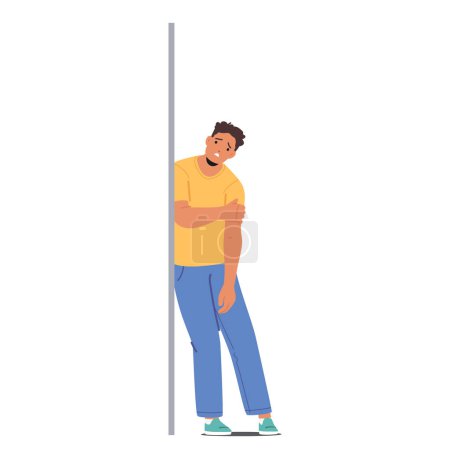 Weary Male Character Figure with Slumped Shoulders, Rests Against The Wall, Eyes Downcast. Man Wearing Blue Jeans and T-shirt Burdened By Unseen Weight, Seeking Solace In Solitude. Vector Illustration
