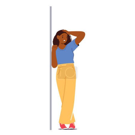 Téléchargez les illustrations : Distressed Black Woman se repose contre un mur, sa posture convoyeur de douleur ou de frustration. Personnage féminin portant T-shirt et pantalon à la recherche de réconfort ou un moment de répit. Illustration vectorielle de bande dessinée - en licence libre de droit