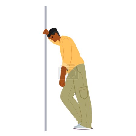Black Tired Male Character Leaning Against A Wall. Man In Khaki Pants, Sneakers And Yellow Shirt With One Hand On His Knee And The Other On the Wall Surface. Cartoon People Vector Illustration