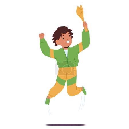 Illustration for Happy Little Boy in Sportswear Jumping While Holding Up A Gold Cup Trophy Celebrating Winning Competition Contest. Kid Champion Winner Character with First Prize. Cartoon People Vector Illustration - Royalty Free Image