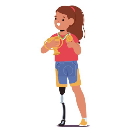 Ilustración de Chica con una pierna protésica usando un uniforme sosteniendo un trofeo y una medalla con un orgullo. El carácter resiliente del niño triunfa, ganando en una competencia, encarnando coraje, determinación e inspiración - Imagen libre de derechos