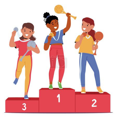 Illustration for Three Sports Girl Characters Sharing A Moment Of Happiness On Podium, Each Holding A Trophy. Children Beam Atop The Pedestal, Celebrate Victory, Glory, and Triumph. Cartoon People Vector Illustration - Royalty Free Image