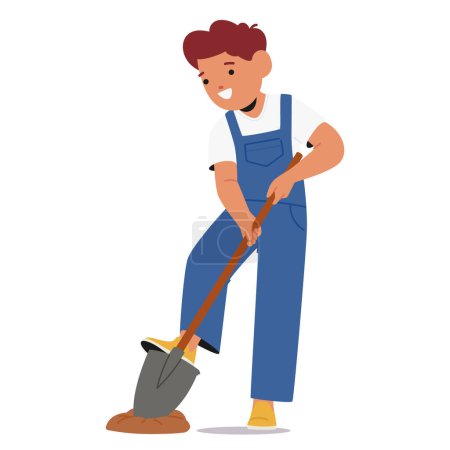 Small Boy Character in Blue Overalls Digs Eagerly, His Shovel Slicing Through The Soil With Determined Strokes, His Face Lit Up With Curiosity And Concentration. Cartoon People Vector Illustration
