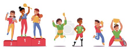 Illustration for Group Of Happy Children Standing On A Podium, Holding Trophies And Sharing Their Joy. Disabled and Healthy Sportsmen Kids Characters Team Celebrate Victory Event. Cartoon People Vector Illustration - Royalty Free Image
