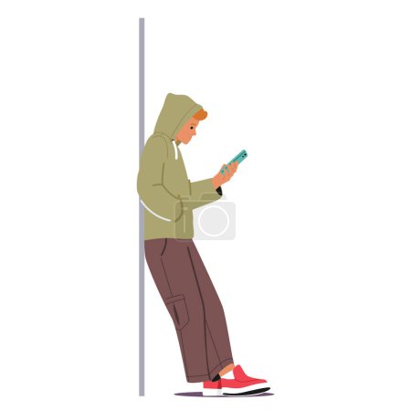 Young Man Casually Leans Against A Wall, Engrossed In His Smartphone, Absorbed By The Glowing Screen. Male Character Leaning Against A Wall, Checking His Phone. Cartoon People Vector Illustration