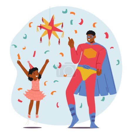 Ilustración de Personaje animador de superhéroes interactúa con un niño encantado, ambos rodeados de confeti festivo, creando una atmósfera vibrante y heroica en una fiesta festiva para niños alegres. Ilustración de vectores de dibujos animados - Imagen libre de derechos