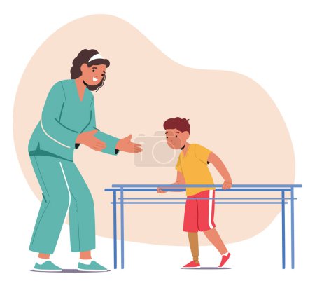 Illustration for Caregiver Character Assisting Child In Practicing Rehabilitation Exercises On Parallel Bars, Supporting Their Development And Recovery Through Therapeutic Movements And Activities. Vector Illustration - Royalty Free Image