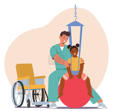 Illustration for Caretaker Tenderly Work with Child In A Wheelchair, Conveying Compassionate Care And Support, Practicing Exercises on Fit Ball During Their Rehabilitation Session. Cartoon People Vector Illustration - Royalty Free Image
