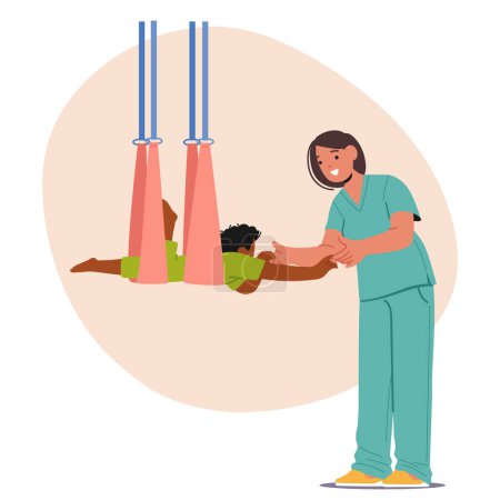 Illustration for Caregiver Assisting Child Through Rehabilitation Swing, Stretching And Strengthening Exercise, Utilizing Specialized Gym Equipment To Facilitate Motor Skill Development And Functional Recovery, Vector - Royalty Free Image