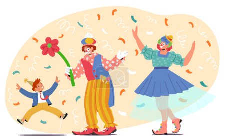 Animator-Clowns in heller, skurriler Kleidung sorgen bei einer Kinderparty für eine entzückende Szene. Figuren jonglieren und tanzen, die die Luft mit Lachen und lebhaftem Konfetti füllen. Vektorillustration