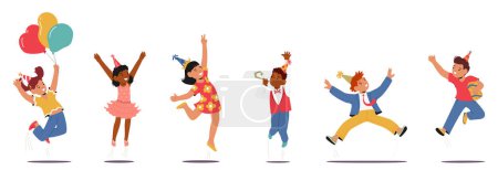 Ilustración de Los niños saltan con alegría, sosteniendo globos y cuernos de fiesta aislados sobre fondo blanco. Personajes pequeños que encarnan festivo la exuberancia de una fiesta de vacaciones para niños. Dibujos animados Gente Vector Ilustración - Imagen libre de derechos