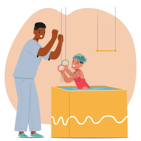Illustration for Smiling Therapist Character Encourages Happy Young Girl As she Practices Balance And Coordination In A Hydrotherapy Pool, Using Effective Aquatic Techniques To Assist The Child Rehabilitation, Vector - Royalty Free Image