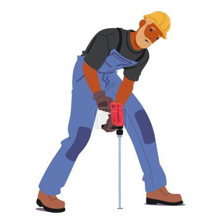 Construction Worker Character in Safety Gear and Overalls, Operating Power Drill, for Drilling Into A Surface, As Part Of Building or Renovation Work On Site. Vector Cartoon People Vector Illustration