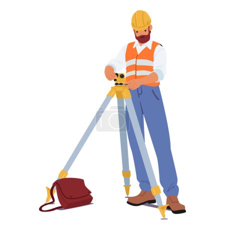 Illustration for Surveyor Or Engineer Wearing Hard Hat and Safety Vest, Work with Surveying Tripod And Theodolite Equipment. Character Surveying Land, Construction Layout And Mapping Projects. Vector Illustration - Royalty Free Image