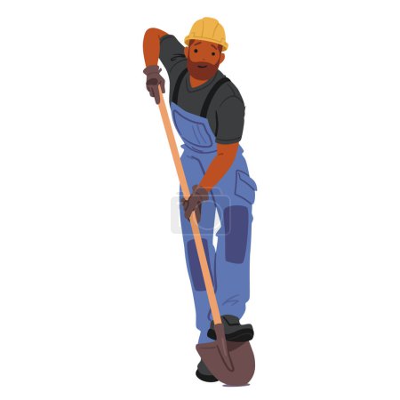 Smiling Black Worker In Blue Overalls And Hard Hat, Working with Shovel, Character Engages in Manual Labor And Construction Work with Positive Attitude On Job Site. Cartoon People Vector Illustration