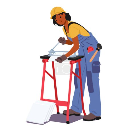 Bauarbeiterin in Schutzausrüstung, gelber Mütze, orangefarbener Weste und blauem Overall, mit einer Handsäge ein rotes Sägepferd durchschneiden und Materialien für ein Bauprojekt vor Ort vorbereiten