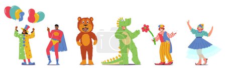 Téléchargez les illustrations : Personnages animateurs joyeux en costumes vibrants de magicien, super-héros, ours, crocodile, clown et ballerine, prêts à divertir et à se réjouir à l'événement de vacances festives. Illustration vectorielle des personnages de bande dessinée - en licence libre de droit