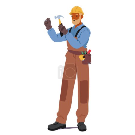 Construction Worker Wearing A Yellow Hard Hat, Holding A Hammer And Carrying A Toolbelt. Handyman Character Perform Carpentry Or Repair Tasks On A Construction Site. Cartoon People Vector Illustration