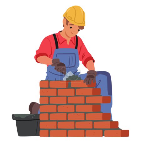 Illustration for Mason Or Bricklayer Wearing Hard Hat, Actively Laying Bricks And Constructing A Brick Wall Or Structure. Next To Them Is A Bucket Containing Mortar, During The Bricklaying Process On Construction Site - Royalty Free Image