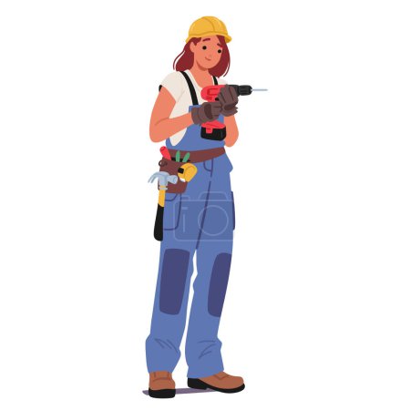 Female Construction Worker Or Contractor Wearing A Yellow Hard Hat And Blue Overalls, Holding A Power Drill And Has A Toolbelt Around Her Waist. Character Engaged In Construction Or Renovation Work