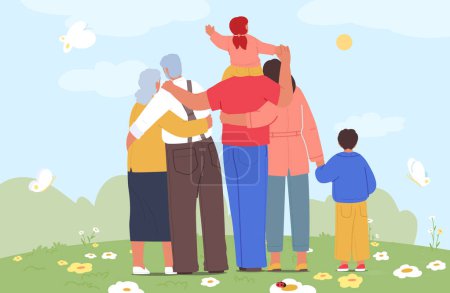 Warm, Multi-generational Family Back View Enjoys Serene Day Outdoors, Embracing Each Other While A Child Joyfully Rides On Shoulders, at Blooming Meadow Under A Clear Sky. Cartoon Vector Illustration