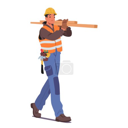 Construction Worker Character Wearing Hard Hat And High-visibility Jacket, Carrying Wooden Planks. Character Preparing Materials For Renovation Projects on Building Site. Cartoon Vector Illustration