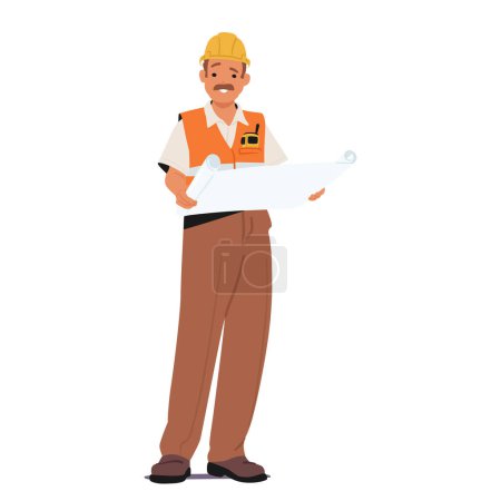 Illustration for Construction Worker Male Character In An Orange Safety Vest And Yellow Hard Hat, Holding Blueprints And Reviewing Plans Or Specifications For A Construction Project. Cartoon People Vector Illustration - Royalty Free Image