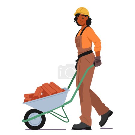 Female Construction Worker Wearing A Yellow Hard Hat, Orange Shirt, And Brown Overalls. Pushing A Wheelbarrow Containing Bricks Involved In Masonry Or Material Transport Tasks On A Construction Site