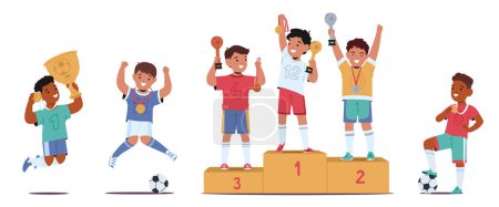 Überschwängliche junge Fußballer feiern den Sieg auf einem Podium, präsentieren Medaillen und Pokale, Kinder verkörpern Teamgeist und Erfolge bei Jugendfußballwettbewerben. Zeichentrickvektorillustration