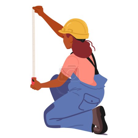 Illustration for Female Character Taking Measurements Or Inspections Using A Tool, Preparing For Construction Or Renovation Work. Woman Construction Worker Crouching Down, Wearing A Yellow Hard Hat, And Blue Overalls - Royalty Free Image