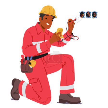 Illustration for Electrician in Red Jumpsuit, Hard Hat And Tool Belt Working With Electrical Components And Wires, Performing Installation Or Maintenance Tasks Related To Electrical Systems On A Construction Site - Royalty Free Image