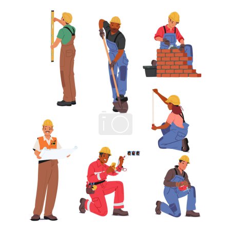 Illustration for Collection Of Construction Workers Engaged In Various Activities. Surveying, Shoveling, Bricklaying, Blueprint Reading, Wiring, And Measuring. Diverse And Skilled Laborers In Safety Gear On The Job - Royalty Free Image
