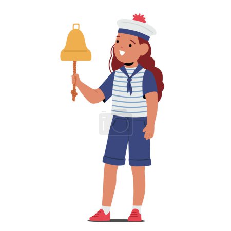 Illustration for Child Girl Character Dressed In Sailor Costume Joyfully Rings A Bell, Eyes Gleaming With Excitement As They Embrace The Maritime Adventure. Navy Game or Performance. Cartoon People Vector Illustration - Royalty Free Image