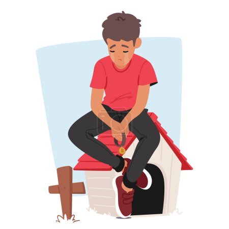 Illustration for Child Mourns Deeply Of The Beloved Dog, Little Boy Character Sitting on Booth with Collar in Hand, Tears Flowing, Heartbroken Over The Loss Of Faithful Companion. Cartoon People Vector Illustration - Royalty Free Image