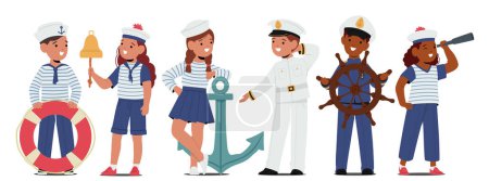 Illustration for Children Characters In Sailor Costumes, Adorned With Striped Shirts, Navy Caps And Anchor Motifs, Evoke A Maritime Charm With Their Innocence And Playful Enthusiasm. Cartoon People Vector Illustration - Royalty Free Image