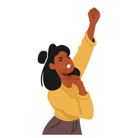 Energetic Woman Wearing Yellow And Black Clothing Raises Her Fists In Protest. Black Female Character Expressing herself Boldly And Passionately. Cartoon People Vector Illustration